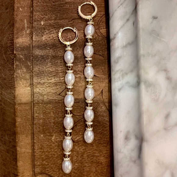 Long Gold Dangle Earrings White Pearls on Huggie Hoops-Like new! Great Gift! - Picture 4 of 15